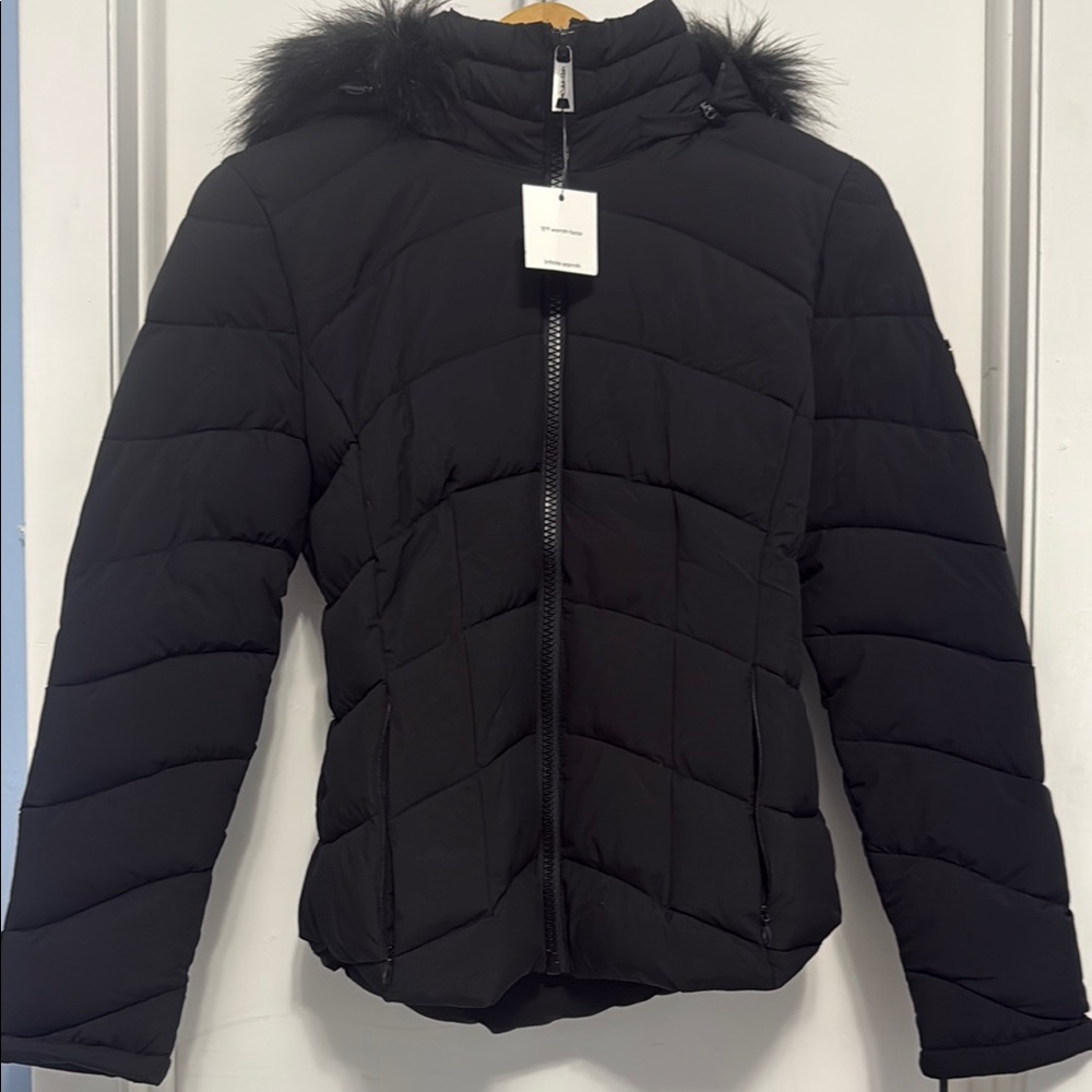 Calvin Klein Women's Black Quilted Puffer Jacket with Faux Fur Hood
